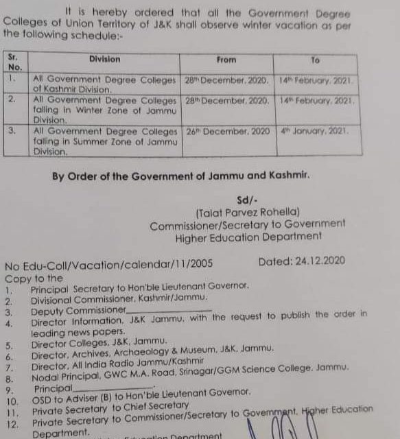 Govt Announces Winter Vacation In Kashmir, Jammu Colleges