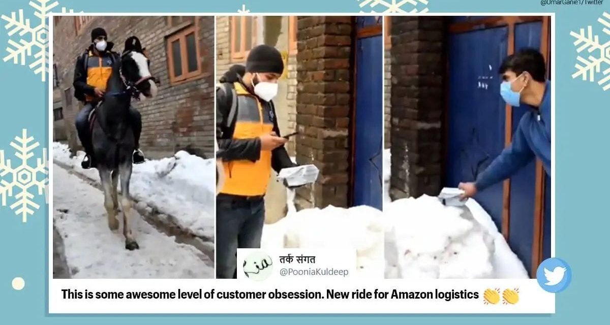 Amazon delivery person rides horse in snow-covered Srinagar to drop off order