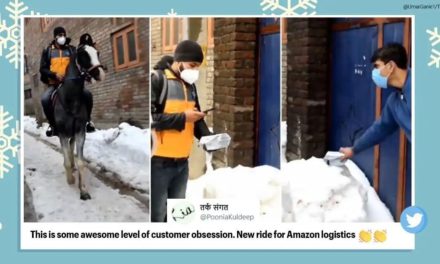 Amazon delivery person rides horse in snow-covered Srinagar to drop off order