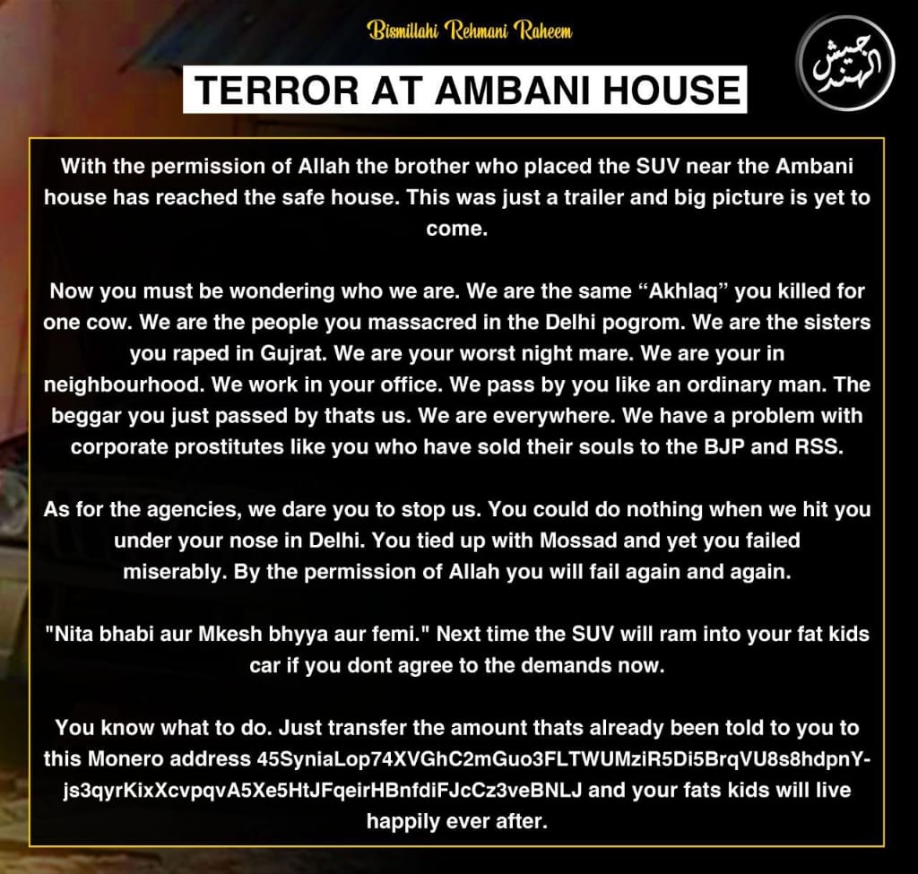 Jaish-ul-Hind claims responsibility of placing explosives- laden SUV near Ambani”s house