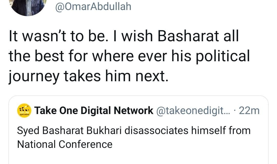 Syed Basharat Bukhari Quits from NC; Conveys Decision to Party Prez,’Thanks Omar Abdullah for His ‘Love’