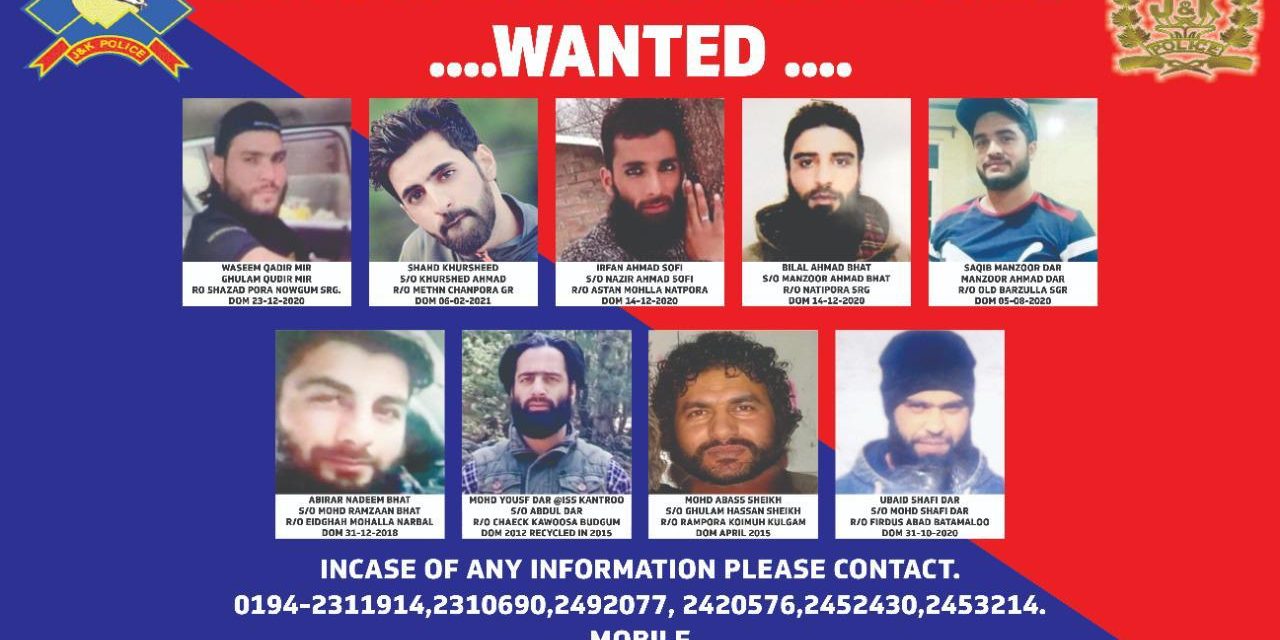 J&K police releases list of 8 wanted militants operating in Sgr, city outskirts