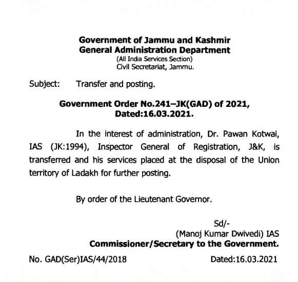 IG Registration J&K Transferred to Ladakh