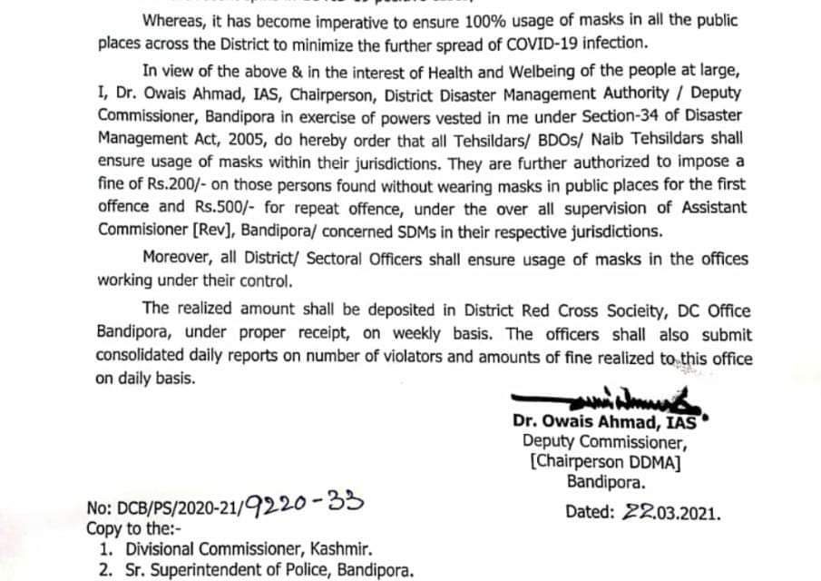 Wearing face masks in public place made compulsory in Bandipora