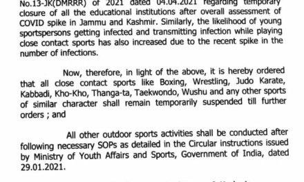J&K Govt orders temporary suspension of all indoor sports activities
