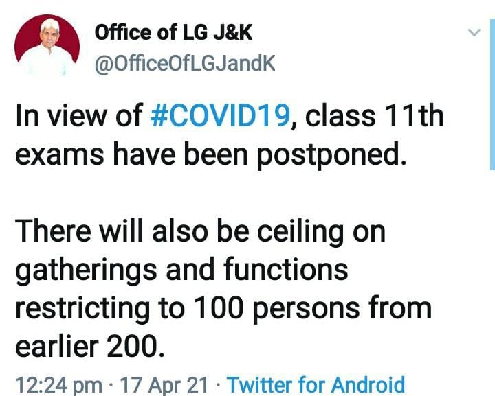 Govt Limits gathering to 100, cancels 11th class exams
