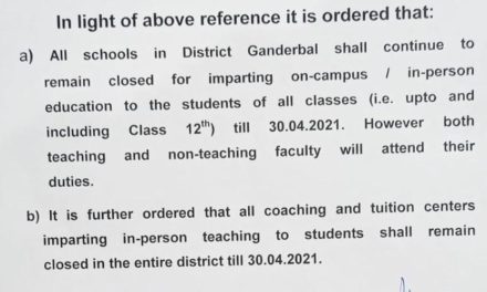 Chief education officer Ganderbal orders closure of schools and coaching centres till 30 April