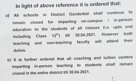 Chief education officer Ganderbal orders closure of schools and coaching centres till 30 April
