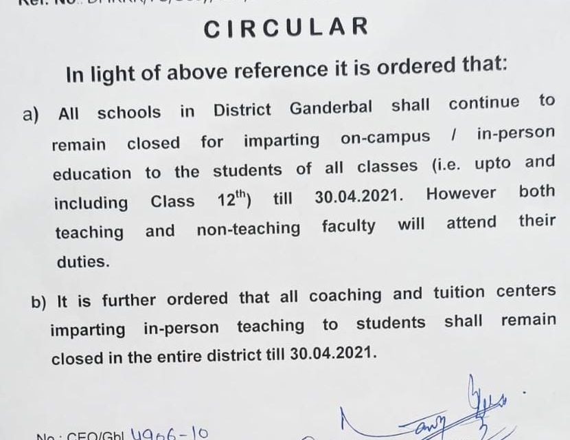 Chief education officer Ganderbal orders closure of schools and coaching centres till 30 April