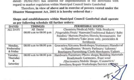 Ganderbal Adminstration notifies schedule for operating of shops, establishments within Municipal limit