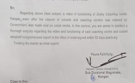 SDM Kangan ordered enquiry about functioning of coaching centre, AEE PHE to be enquiry Officer