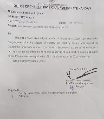 SDM Kangan ordered enquiry about functioning of coaching centre, AEE PHE to be enquiry Officer