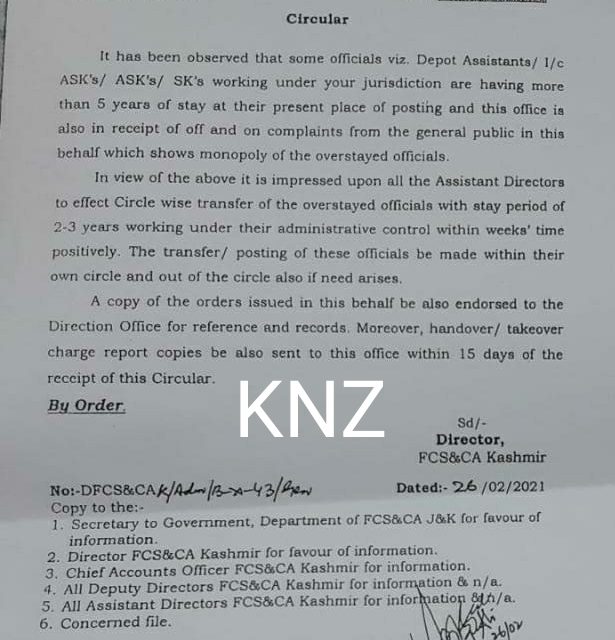 Despite Director’s order to transfer overstayed Storekeepers of FCS&CA ,No such implementation seen in Ganderbal District