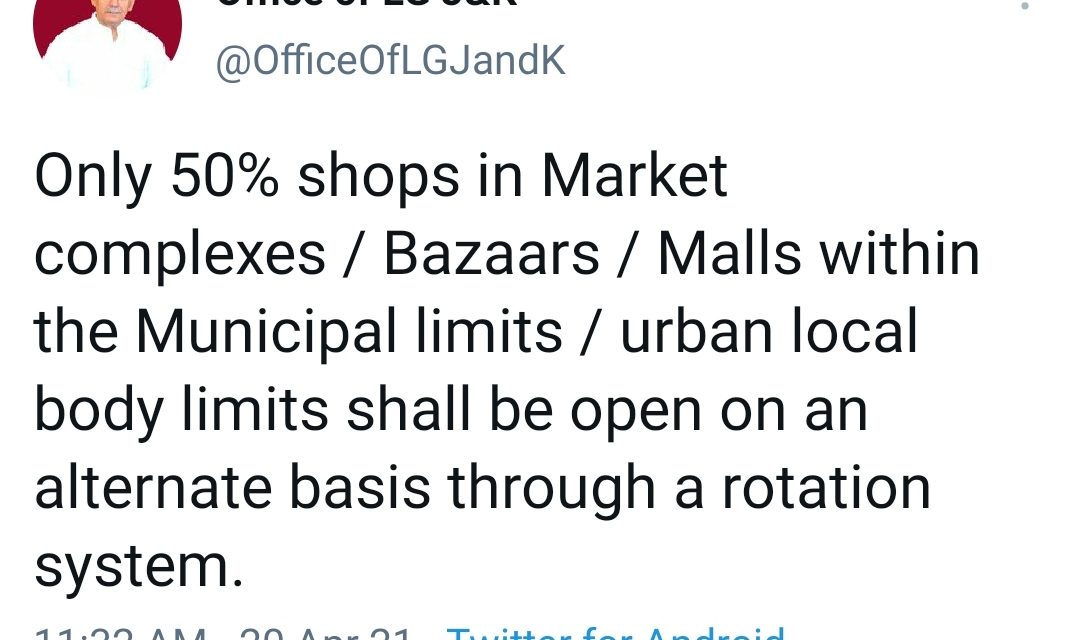 Covid-19 Surge: Govt Orders 50% Opening Of Shops On Alternate Days In J&K