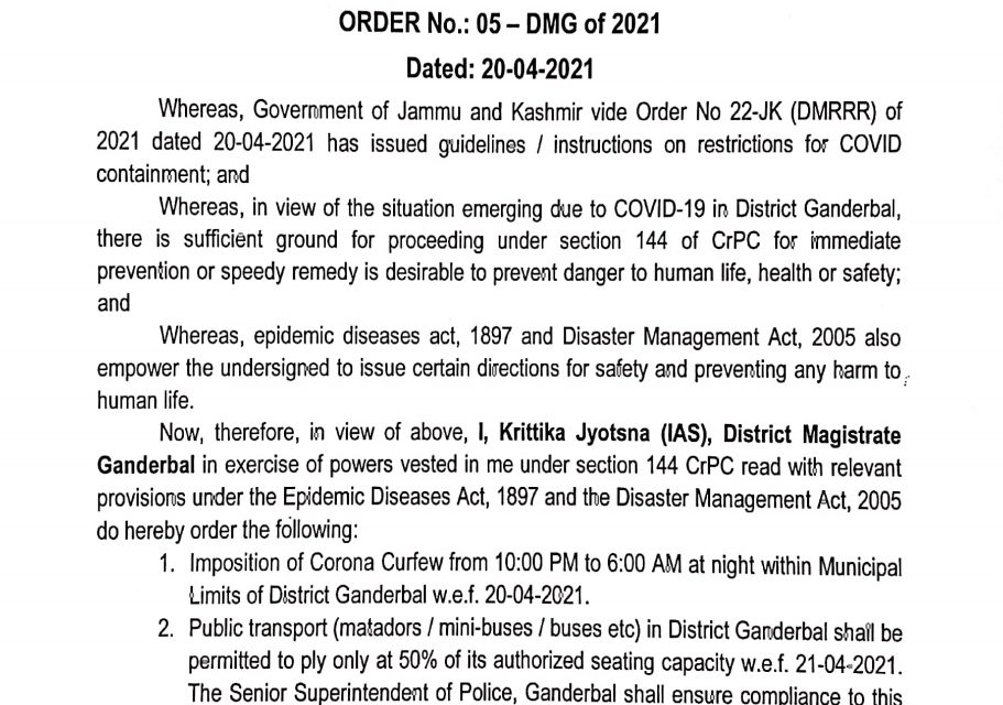 DM Ganderbal orders night corona curfew 10:00 pm to 06:00 am within Muncipal limits of district