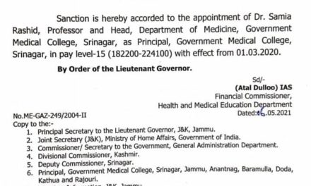 Dr. Samia Appointed as Principal Government Medical College, Srinagar.