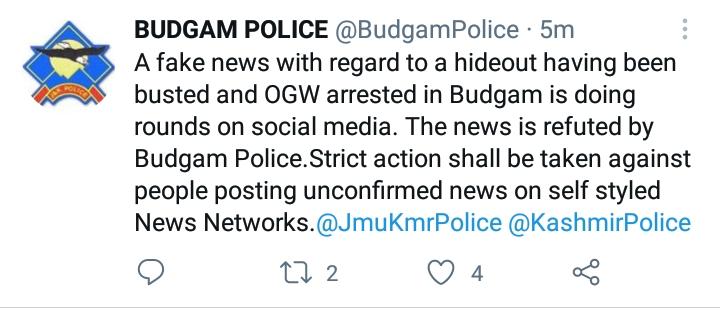 News about busting of hideout in Budgam fake, baseless: Police;Budgam polices rebuts KNT, reports KNO