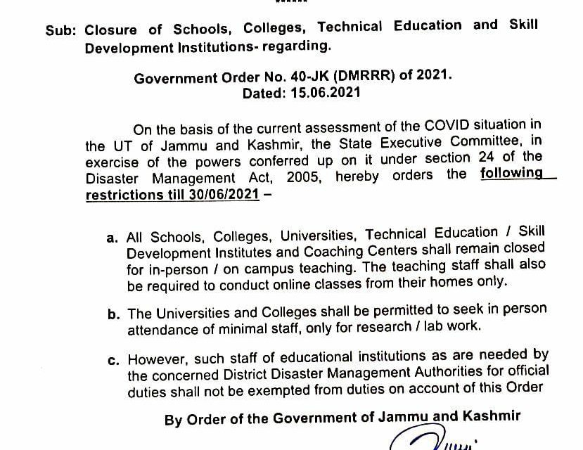 Govt Extends Closure Of All Education Institutes In J&K Till June 30;