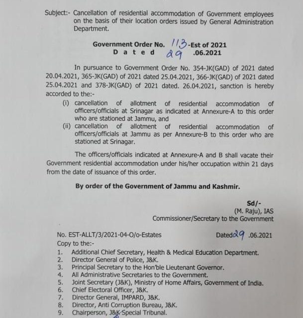 J&K cancels residential accommodation of ”darbar move” employees