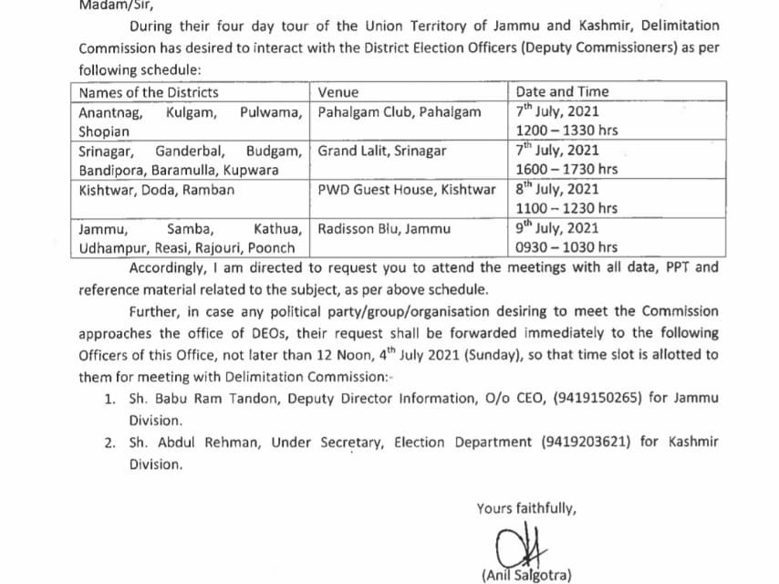 Delimitation Commission to interact with DEOs, political parties at 4 venues in J&K