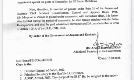 JKPS Officer Maqsood-ul-Zaman Suspended;attached with Police Headquarter