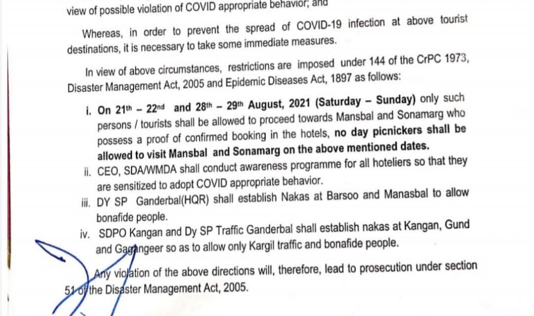 Restrictions Imposed In Sonamarg, Mansbal for the next two weekends