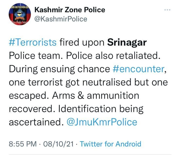 Militant killed in brief Shootout, another escapes in Srinagar