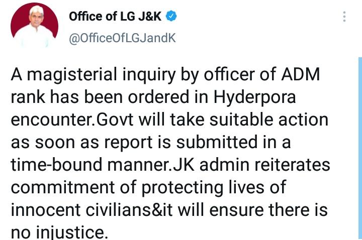 Hyderpora ‘Encounter’: Govt Orders ‘Time-Bound’ ‘Magisterial Inquiry’; LG Says Will Ensure There Is ‘No Injustice’