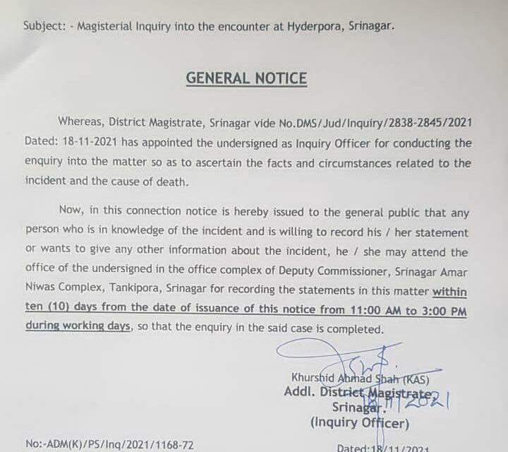 Government orders Magisterial Inquiry into the encounter at Hyderpora, Srinagar