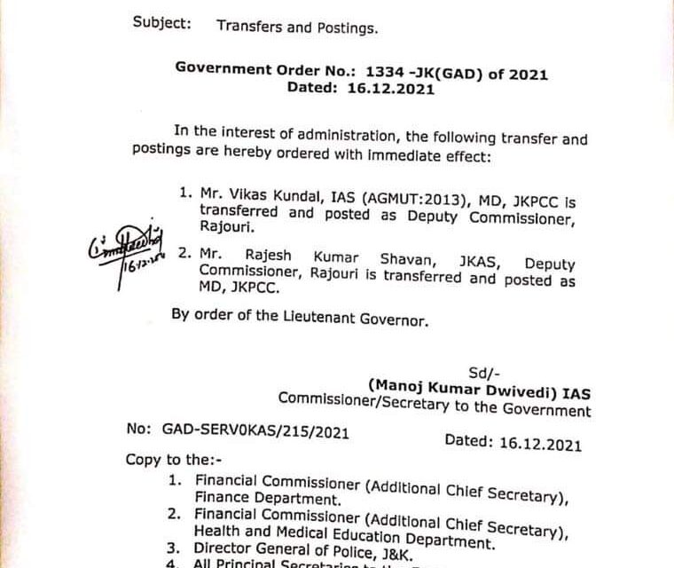 Vikas Kundal Posted DC Rajouri, RK Shavan As MD JKPCC