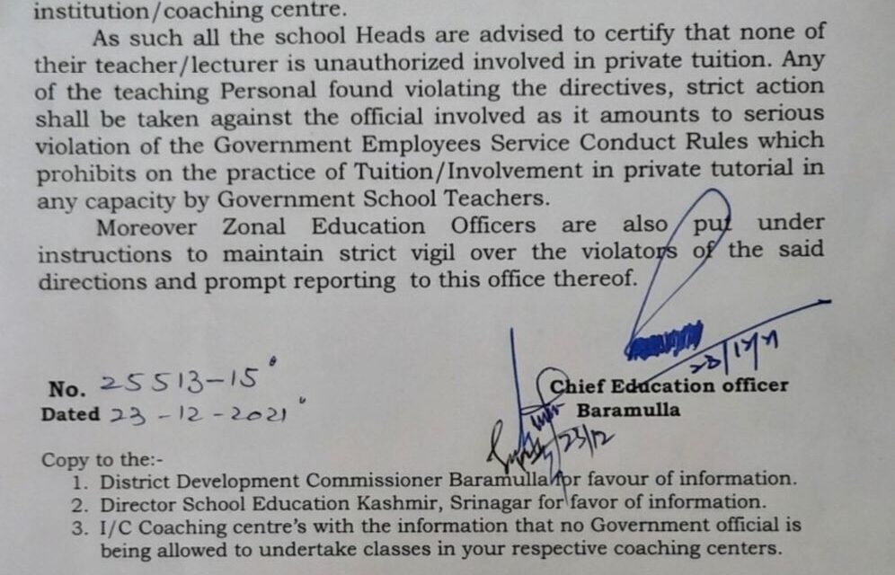 Govt teachers in Baramulla asked not to teach at private coaching centres