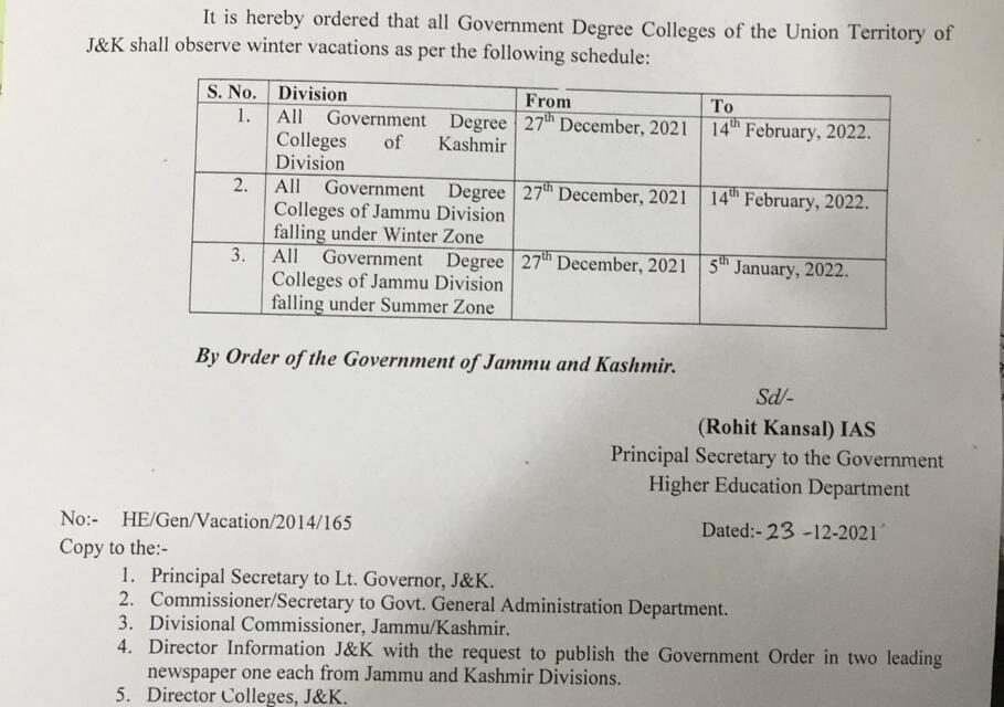 Winter vacations for Govt Degree Colleges across J&K from Dec 27