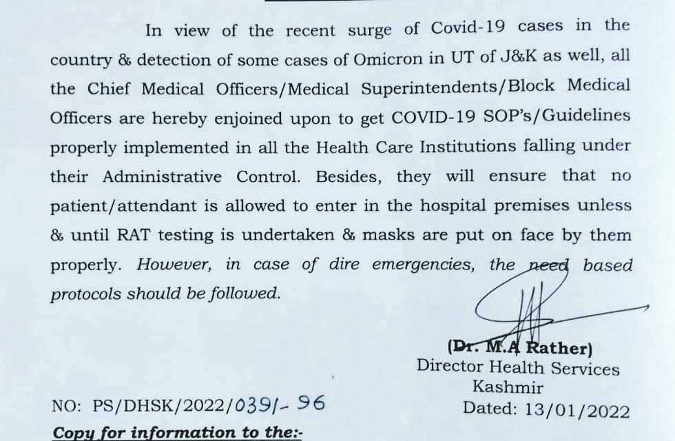 Don’t allow patients/attendants to hospital without RAT testing: DHSK to CMO’s, MS’s, BMO’s