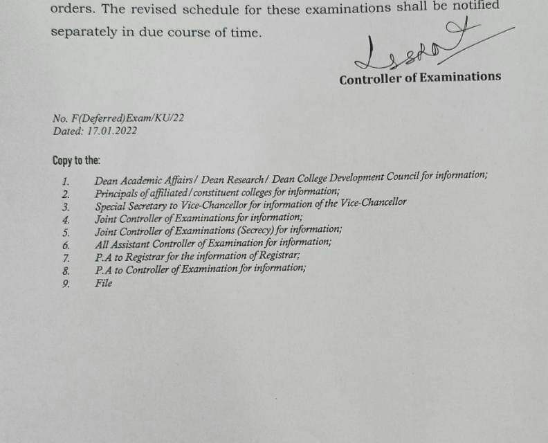 KU defers all scheduled examinations until further notice