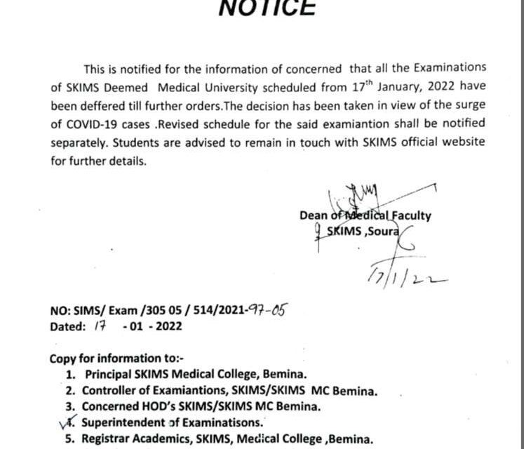 Amid Covid-19 Upsurge, SKIMS Deemed Medical University defers all exams scheduled from Jan 17