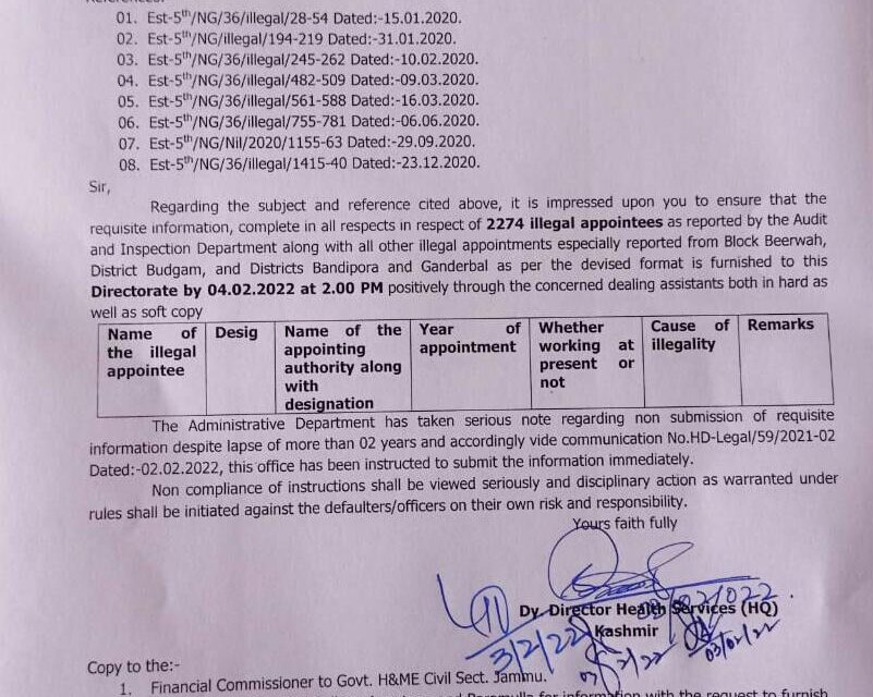 DHSK cites 2274 fake, illegal appointments in health department across Kashmir districts
