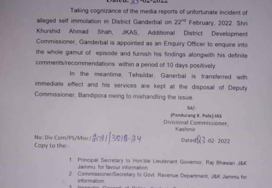 Div Com Kmr orders enquiry for self-immolation incident in Ganderbal