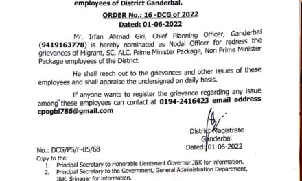 CPO Ganderbal nominates as Nodal Officer for redressal of grievances of Migrant