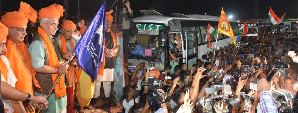 LG Sinha flags off first batch of Amarnath Yatris from Jammu Base Camp
