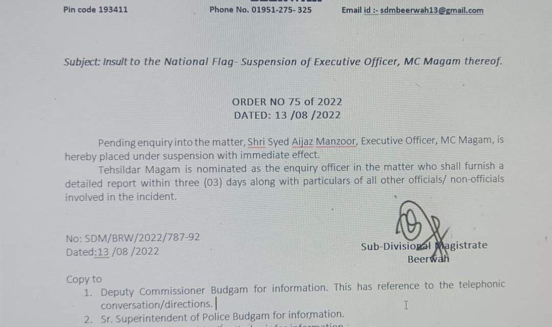 ‘Insult to National Flag’: EO of MC Magam Budgam Suspended Pending Enquiry