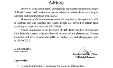 Bad Weather: People, Tourists Advised Not To Travel on Sinthan and Margan Passes In Anantnag