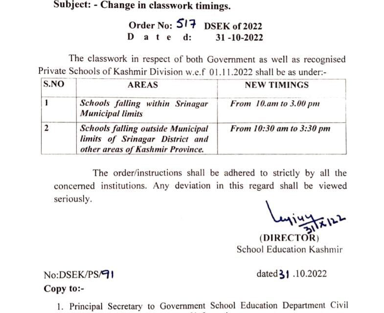 New timings announced for schools in Kashmir division