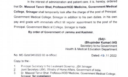 Dr Masood Tanvir assigned charge of Principal GMC Srinagar