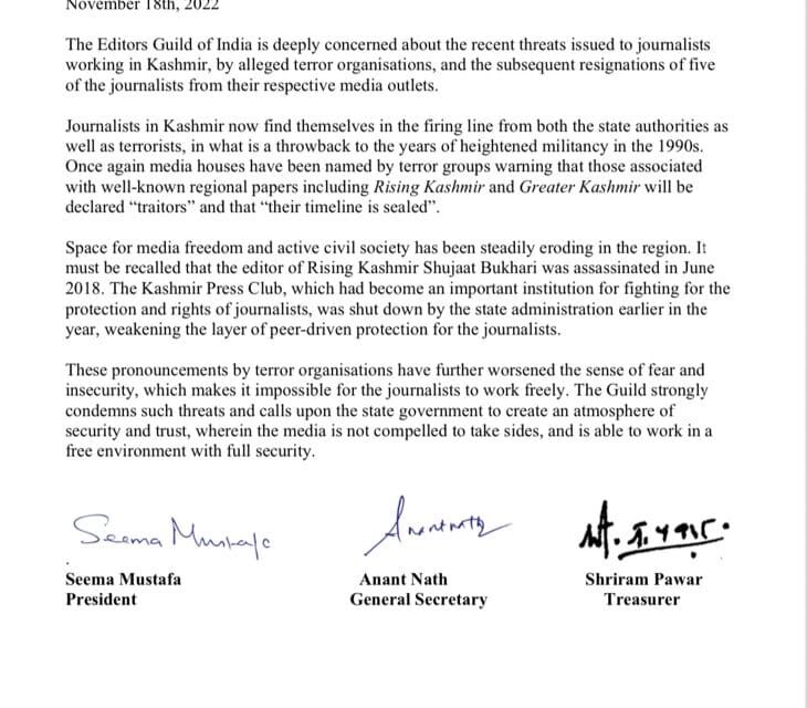 Editors Guild condemns militant threats to journalists in J-K