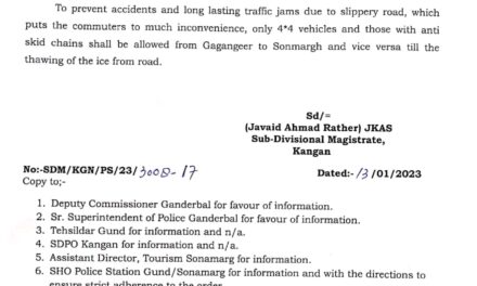 Only 4×4, vehicles with anti-skid chains to be allowed towards Sonamarg: SDM Kangan