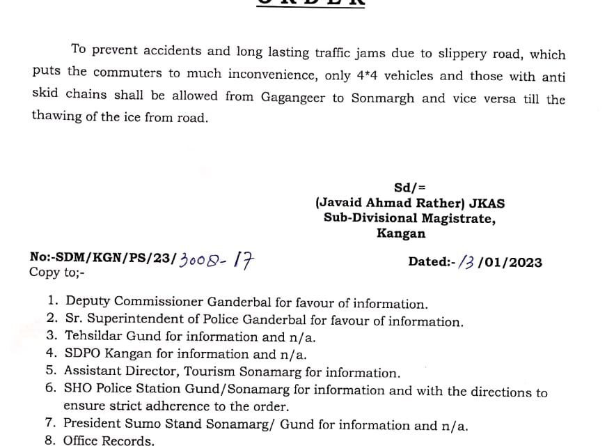 Only 4×4, vehicles with anti-skid chains to be allowed towards Sonamarg: SDM Kangan