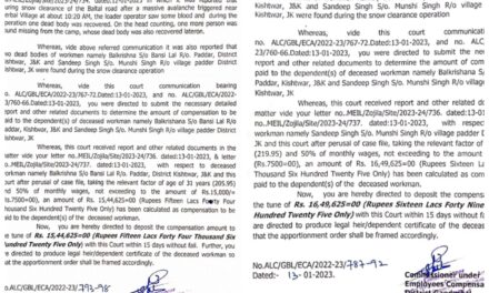 Sarbal Snow Avalanche aftermath: ALC Ganderbal issued notice to Project Manager of Meil company for compensation of duo victim