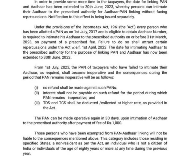 Govt extends deadline for linking PAN with Aadhaar till June 30