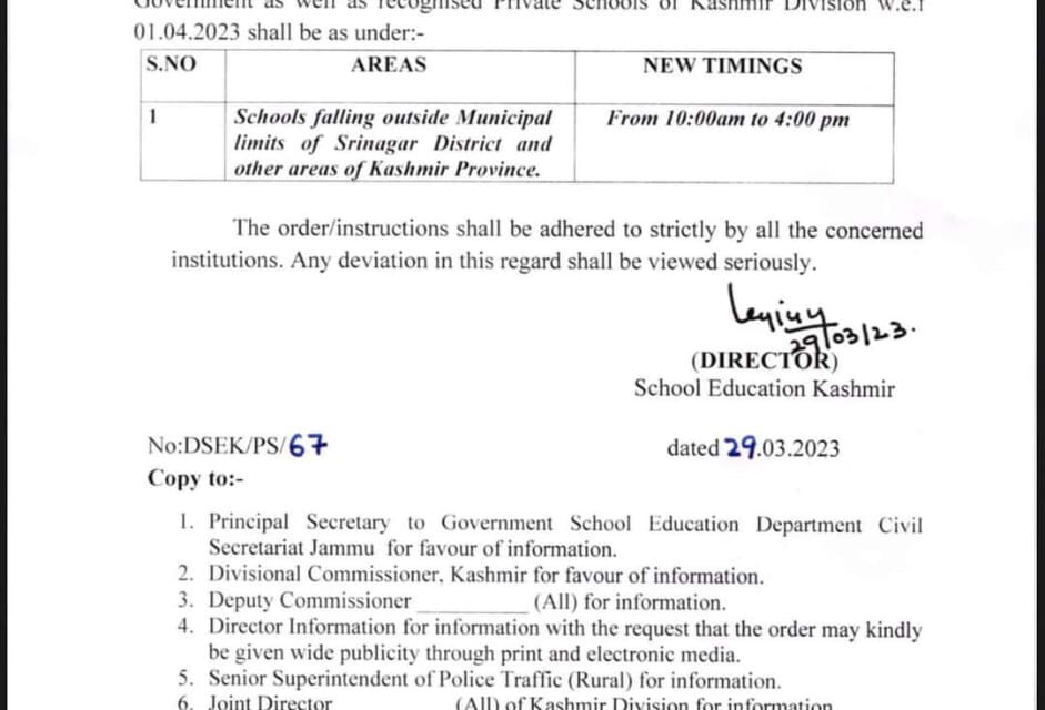 Govt changes school timing for Kashmir division