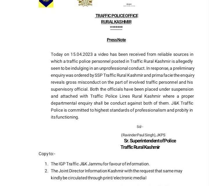Two traffic officials suspended for alleged unprofessional conduct in Kashmir